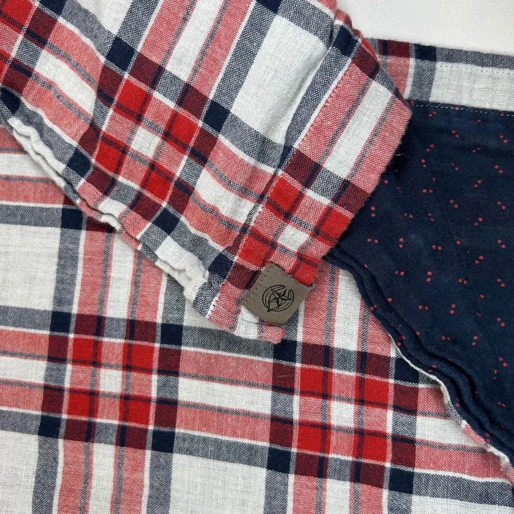 Banana Republic Mens‎ Untucked Slim Fit Plaid Button Down Shirt Red Blue Large